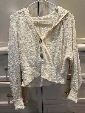 Free People Found My Friend Cream Button-Front Hooded Sweater